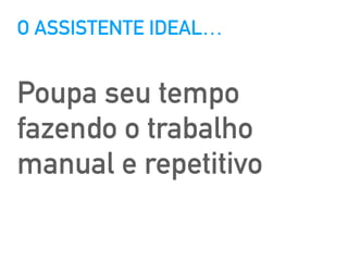 O ASSISTENTE IDEAL…
Poupa seu tempo
fazendo o trabalho
manual e repetitivo
 