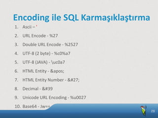 Encoding ile SQL Karmaşıklaştırma
1. Ascii – '
2. URL Encode - %27
3. Double URL Encode - %2527
4. UTF-8 (2 byte) - %c0%a7...