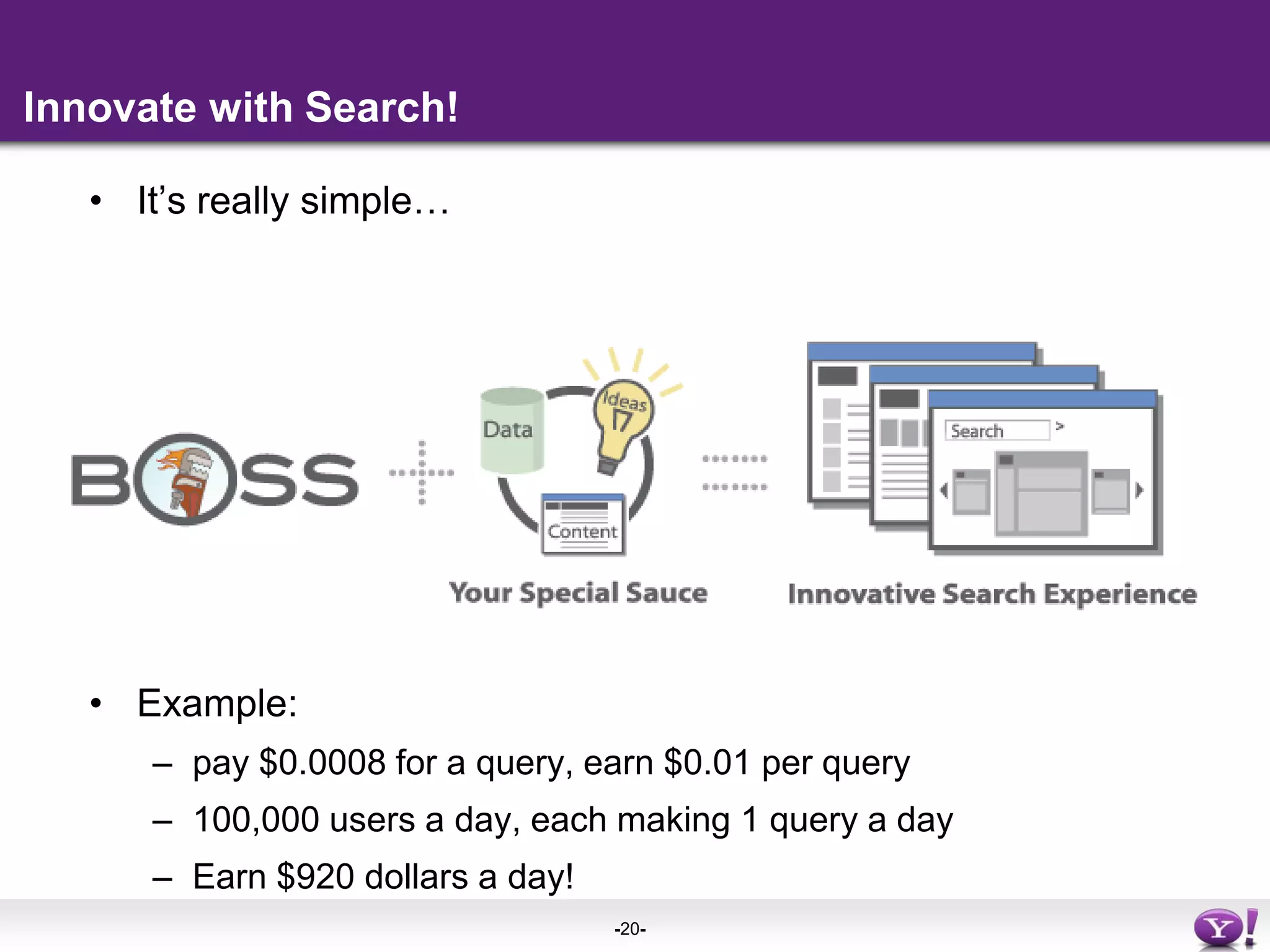 Innovate with Search!It’s really simple…Example: pay $0.0008 for a query, earn $0.01 per query100,000 users a day, each making 1 query a dayEarn $920 dollars a day!