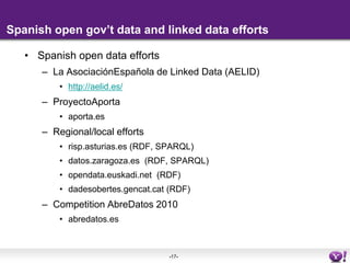 Spanish open gov’t data and linked data effortsSpanish open data effortsLa AsociaciónEspañola de Linked Data (AELID) http://aelid.es/ProyectoAportaaporta.esRegional/local effortsrisp.asturias.es (RDF, SPARQL)datos.zaragoza.es  (RDF, SPARQL)opendata.euskadi.net  (RDF)dadesobertes.gencat.cat (RDF)Competition AbreDatos 2010abredatos.es