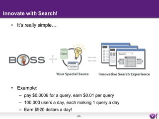 Innovate with Search!It’s really simple…Example: pay $0.0008 for a query, earn $0.01 per query100,000 users a day, each making 1 query a dayEarn $920 dollars a day!