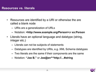 Resources vs. literalsResources are identified by a URI or otherwise the are  called a blank nodeURIs are a generalization of URLsNotation: <http://www.example.org/Person> or ex:PersonLiterals have an optional language and datatype (string, integer etc.)Literals can not be subjects of statementsDatatypes are identified by URIs, e.g. XML Schema datatypesTwo literals are the same if their components are the sameNotation: “Joe B.” or Joe@en^^http://…#string