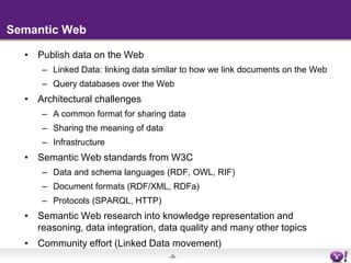 Semantic Web<br />Publish data on the Web<br />Linked Data: linking data similar to how we link documents on the Web<br />...