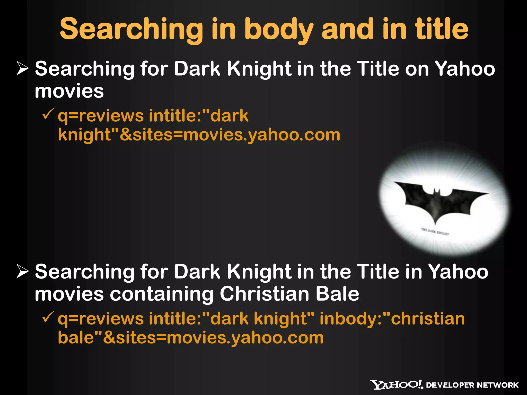 Image attributes       like height, width, etcTime span filtering for News Search Document type filtering