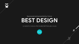 BEST DESIGN
12 MONTH CANVA PRO SUBSCRIPTION (812 AUD)
Sponsored and presented by Canva
 