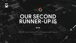 OUR SECOND
RUNNER-UP IS
...
From
200 USD Cloud Voucher + 75 AUD prezee voucher / person
(1627 AUD)
 