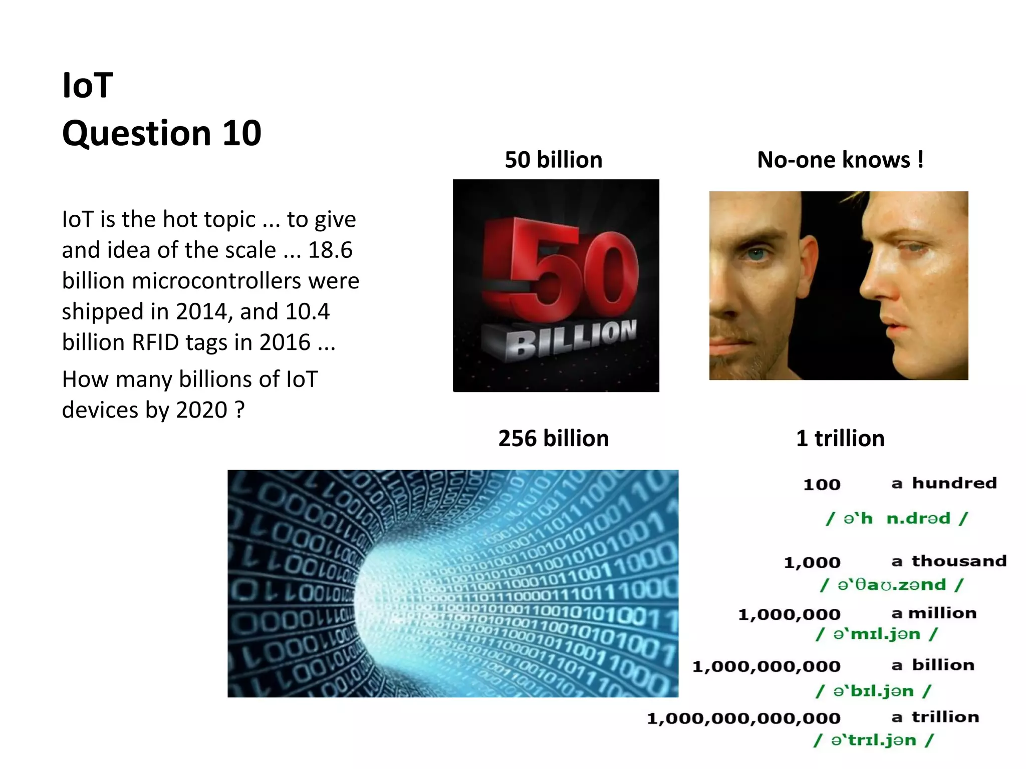 IoT
Question 10
IoT is the hot topic ... to give
and idea of the scale ... 18.6
billion microcontrollers were
shipped in 2014, and 10.4
billion RFID tags in 2016 ...
How many billions of IoT
devices by 2020 ?
50 billion No-one knows !
256 billion 1 trillion
 