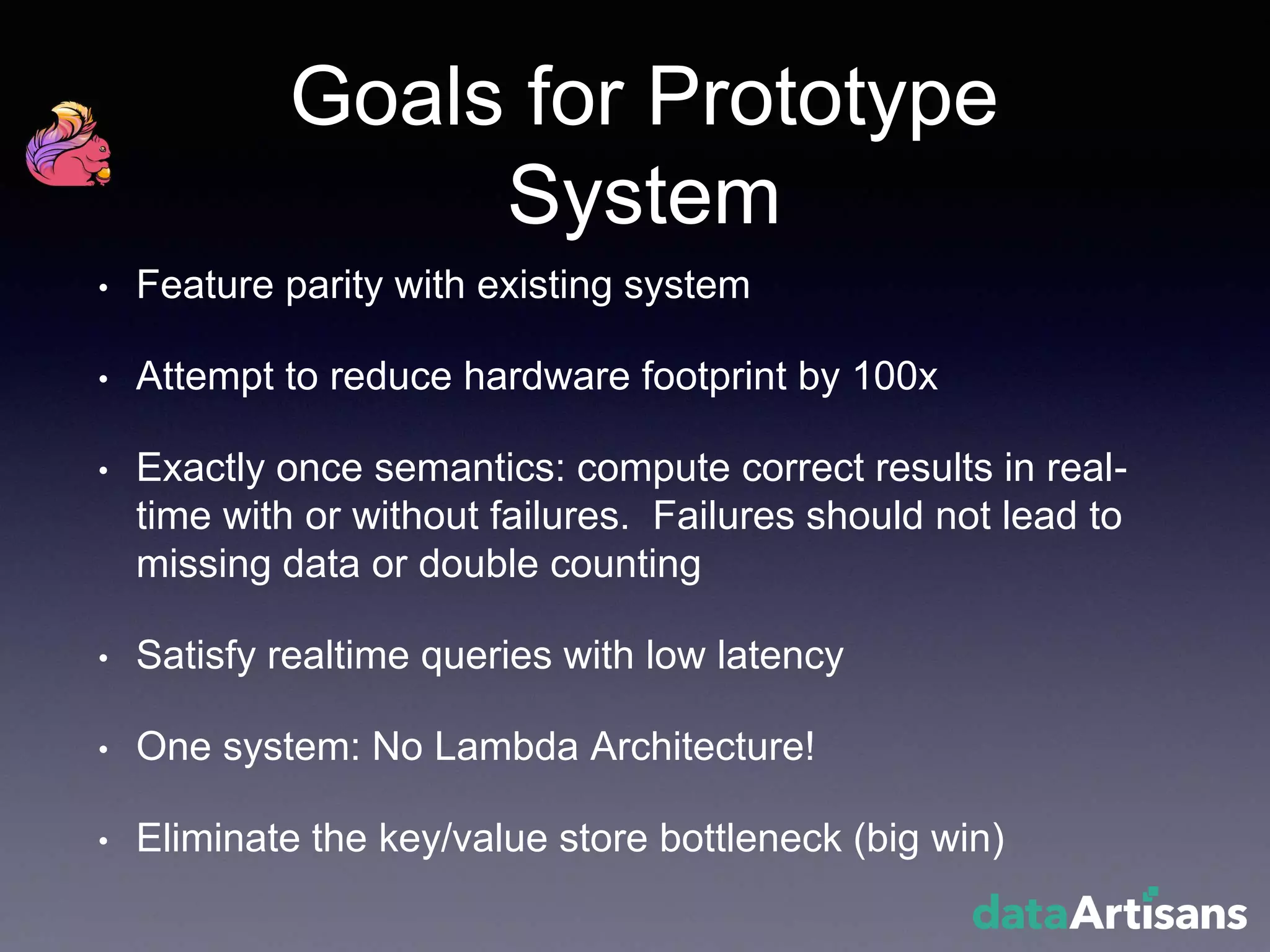 Goals for Prototype
System
• Feature parity with existing system
• Attempt to reduce hardware footprint by 100x
• Exactly once semantics: compute correct results in real-
time with or without failures. Failures should not lead to
missing data or double counting
• Satisfy realtime queries with low latency
• One system: No Lambda Architecture!
• Eliminate the key/value store bottleneck (big win)
 