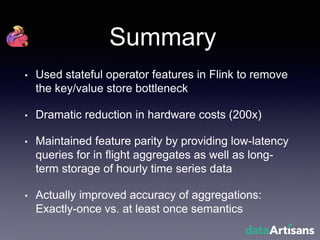 Summary
• Used stateful operator features in Flink to remove
the key/value store bottleneck
• Dramatic reduction in hardware costs (200x)
• Maintained feature parity by providing low-latency
queries for in flight aggregates as well as long-
term storage of hourly time series data
• Actually improved accuracy of aggregations:
Exactly-once vs. at least once semantics
 