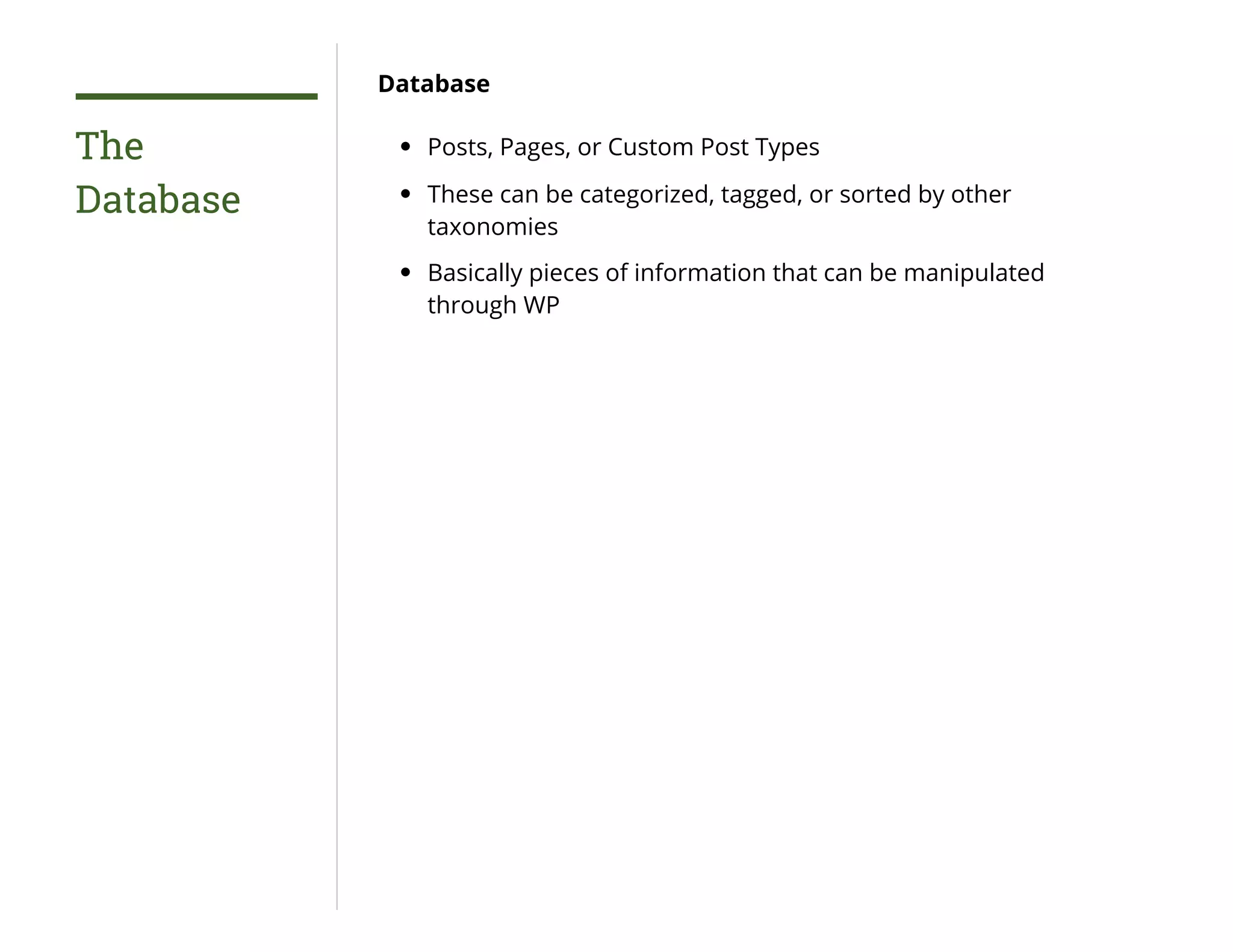 The
Database
Database
Posts, Pages, or Custom Post Types
These can be categorized, tagged, or sorted by other
taxonomies
Basically pieces of information that can be manipulated
through WP
 