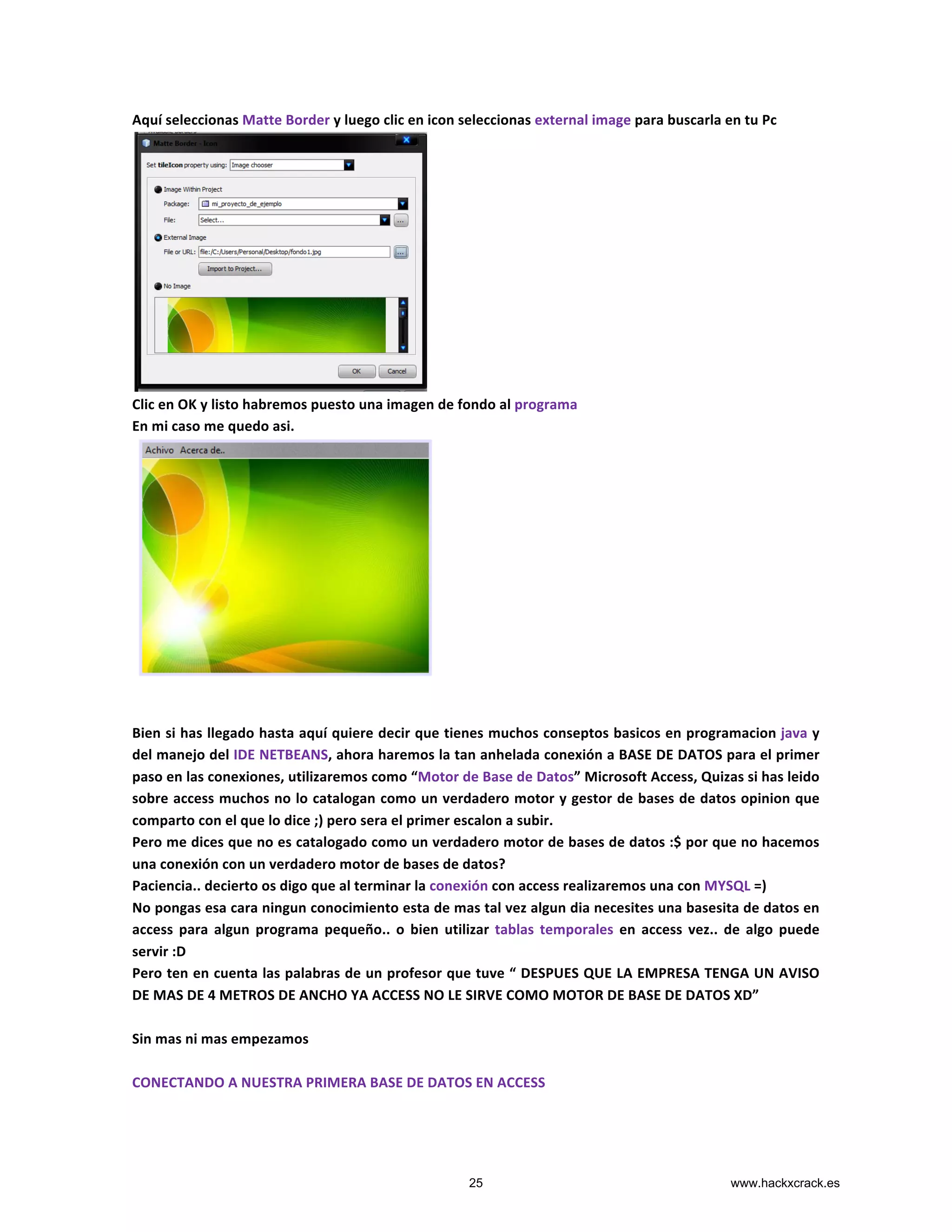 Aquí	
  seleccionas	
  Matte	
  Border	
  y	
  luego	
  clic	
  en	
  icon	
  seleccionas	
  external	
  image	
  para	
  buscarla	
  en	
  tu	
  Pc	
  
	
  
Clic	
  en	
  OK	
  y	
  listo	
  habremos	
  puesto	
  una	
  imagen	
  de	
  fondo	
  al	
  programa	
  
En	
  mi	
  caso	
  me	
  quedo	
  asi.	
  
	
  
	
  
	
  
Bien	
  si	
  has	
  llegado	
  hasta	
  aquí	
  quiere	
  decir	
  que	
  tienes	
  muchos	
  conseptos	
  basicos	
  en	
  programacion	
  java	
  y	
  
del	
  manejo	
  del	
  IDE	
  NETBEANS,	
  ahora	
  haremos	
  la	
  tan	
  anhelada	
  conexión	
  a	
  BASE	
  DE	
  DATOS	
  para	
  el	
  primer	
  
paso	
  en	
  las	
  conexiones,	
  utilizaremos	
  como	
  “Motor	
  de	
  Base	
  de	
  Datos”	
  Microsoft	
  Access,	
  Quizas	
  si	
  has	
  leido	
  
sobre	
  access	
  muchos	
  no	
  lo	
  catalogan	
  como	
  un	
  verdadero	
  motor	
  y	
  gestor	
  de	
  bases	
  de	
  datos	
  opinion	
  que	
  
comparto	
  con	
  el	
  que	
  lo	
  dice	
  ;)	
  pero	
  sera	
  el	
  primer	
  escalon	
  a	
  subir.	
  
Pero	
  me	
  dices	
  que	
  no	
  es	
  catalogado	
  como	
  un	
  verdadero	
  motor	
  de	
  bases	
  de	
  datos	
  :$	
  por	
  que	
  no	
  hacemos	
  
una	
  conexión	
  con	
  un	
  verdadero	
  motor	
  de	
  bases	
  de	
  datos?	
  
Paciencia..	
  decierto	
  os	
  digo	
  que	
  al	
  terminar	
  la	
  conexión	
  con	
  access	
  realizaremos	
  una	
  con	
  MYSQL	
  =)	
  	
  
No	
  pongas	
  esa	
  cara	
  ningun	
  conocimiento	
  esta	
  de	
  mas	
  tal	
  vez	
  algun	
  dia	
  necesites	
  una	
  basesita	
  de	
  datos	
  en	
  
access	
   para	
   algun	
   programa	
   pequeño..	
   o	
   bien	
   utilizar	
  tablas	
   temporales	
   en	
   access	
   vez..	
   de	
   algo	
   puede	
  
servir	
  :D	
  
Pero	
  ten	
  en	
  cuenta	
  las	
  palabras	
  de	
  un	
  profesor	
  que	
  tuve	
  “	
  DESPUES	
  QUE	
  LA	
  EMPRESA	
  TENGA	
  UN	
  AVISO	
  
DE	
  MAS	
  DE	
  4	
  METROS	
  DE	
  ANCHO	
  YA	
  ACCESS	
  NO	
  LE	
  SIRVE	
  COMO	
  MOTOR	
  DE	
  BASE	
  DE	
  DATOS	
  XD”	
  
	
  
Sin	
  mas	
  ni	
  mas	
  empezamos	
  
	
  
CONECTANDO	
  A	
  NUESTRA	
  PRIMERA	
  BASE	
  DE	
  DATOS	
  EN	
  ACCESS	
  	
  
	
  
25 www.hackxcrack.es
 
