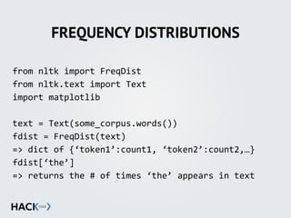 FREQUENCY DISTRIBUTIONS
from'nltk'import'FreqDist'
from'nltk.text'import'Text'
import'matplotlib'
text'='Text(some_corpus.words())'
fdist'='FreqDist(text)'
=>'dict'of'{‘token1’:count1,'‘token2’:count2,…}'
fdist[‘the’]''
=>'returns'the'#'of'times'‘the’'appears'in'text'
 