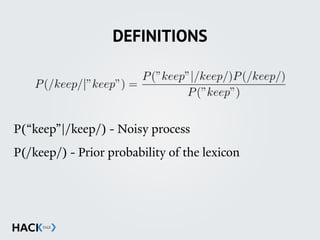 DEFINITIONS
P(“keep”|/keep/) - Noisy process
P(/keep/) - Prior probability of the lexicon
 