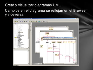 Crear y visualizar diagramas UML.
Cambios en el diagrama se reflejan en el Browser
y viceversa.
 