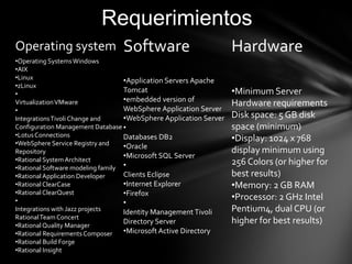 Requerimientos
Operating system                 Software                          Hardware
•Operating Systems Windows
•AIX
•Linux                             •Application Servers Apache
•zLinux
•
                                   Tomcat                          •Minimum Server
                                   •embedded version of
Virtualization VMware                                              Hardware requirements
•                                  WebSphere Application Server
Integrations Tivoli Change and     •WebSphere Application Server   Disk space: 5 GB disk
Configuration Management Database •                                space (minimum)
•Lotus Connections
•WebSphere Service Registry and
                                   Databases DB2                   •Display: 1024 x 768
                                   •Oracle
Repository                                                         display minimum using
•Rational System Architect
                                   •Microsoft SQL Server
                                                                   256 Colors (or higher for
•Rational Software modeling family •
•Rational Application Developer    Clients Eclipse                 best results)
•Rational ClearCase                •Internet Explorer              •Memory: 2 GB RAM
•Rational ClearQuest               •Firefox
•                                                                  •Processor: 2 GHz Intel
                                   •
Integrations with Jazz projects    Identity Management Tivoli      Pentium4, dual CPU (or
Rational Team Concert
•Rational Quality Manager
                                   Directory Server                higher for best results)
•Rational Requirements Composer    •Microsoft Active Directory
•Rational Build Forge
•Rational Insight
 