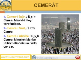 CEMERÂT 1.   Cemre-i Suğrâ  / Küçük Cemre: Mescid-i Hayf tarafındadır.  2.   Cemre-i Vustâ  / Orta Cemre  3.   Cemre-i Aka’be  / Büyük Cemre: Mina'nın Mekke istikametindeki sınırında yer alır.    