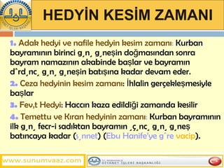 HEDYİN KESİM ZAMANI 1.   Adak hedyi ve nafile hedyin kesim zamanı :  Kurban bayramının birinci günü güneşin doğmasından sonra bayram namazının akabinde başlar ve bayramın dördüncü günü güneşin batışına kadar devam eder.  2.   Ceza hedyinin kesim zamanı : İhlalin gerçekleşmesiyle başlar 3.   Fevât Hedyi : Haccın kaza edildiği zamanda kesilir 4.   Temettu ve Kıran hedyinin zamanı :  Kurban bayramının ilk günü fecr-i sadıktan bayramın üçüncü günü güneş batıncaya kadar ( sünnet ) ( Ebu Hanife’ye göre  vacip ).  