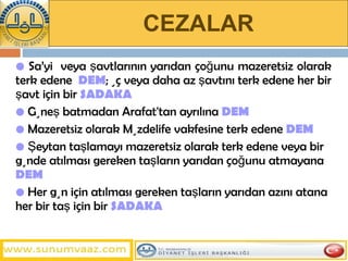 CEZALAR •   Sa’yi  veya şavtlarının yarıdan çoğunu mazeretsiz olarak terk edene  DEM ; üç veya daha az şavtını terk edene her bir şavt için bir  SADAKA •   Güneş batmadan Arafat'tan ayrılına  DEM  •   Mazeretsiz olarak Müzdelife vakfesine terk edene  DEM •   Şeytan taşlamayı mazeretsiz olarak terk edene veya bir günde atılması gereken taşların yarıdan çoğunu atmayana   DEM   •   Her gün için atılması gereken taşların yarıdan azını atana her bir taş için bir  SADAKA   