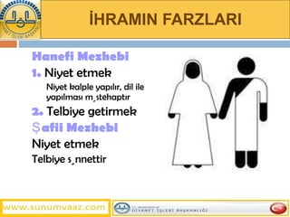 İHRAMIN FARZLARI Hanefi Mezhebi 1.  Niyet etmek   Niyet kalple yapılır, dil ile yapılması müstehaptır 2.   Telbiye getirmek Şafii Mezhebi Niyet etmek Telbiye sünnettir 