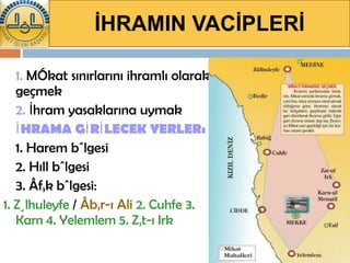 İHRAMIN VACİPLERİ 1.  Mîkat sınırlarını ihramlı olarak geçmek  2.  İhram yasaklarına uymak İHRAMA GİRİLECEK YERLER:   1. Harem bölgesi 2. Hıll bölgesi 3. Âfâk bölgesi: 1. Zülhuleyfe  /  Âbâr-ı Ali   2. Cuhfe 3. Karn 4. Yelemlem 5. Zât-ı Irk   