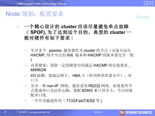 IBM System and Technology Group


 Node 规划：配置要求
                                                         Node
     – 一个精心设计的 cluster 应该尽量避免单点故障
       （ SPOF), 为了达到这个目的，典型的 cluster 一
       般对硬件有如下要求 :

          – 至少 2 个 pseries 服务器作为 cluster 的节点（安装并运行
            HACMP, 每个节点的 AIX 版本和 HACMP 的版本要完全一致
            )
          – 内置硬盘：预留一定的硬盘空间满足 HACMP 的安装要求 ,
            MIRROR
          – I/O 插槽：要满足网卡、 HBA 卡（阵列和带库要分开）、串
            口卡
          – 至少一种 non-IP 网络，通常采用 RS232 网络，如果某些节
            点集成串口无法作心跳，要配 #2943 8 口异步卡，节点间要
            配串口线
          – 一个共享磁盘阵列（ 7133/FastT/ESS 等 )

17   HACMP5.1 concept and planning     06/23/12   © 2003 IBM Corporation
 