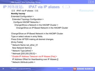 IBM System and Technology Group

IP 网络规划： IPAT via IP aliases （二）
     设置 IPAT via IP aliases 功能                                   Resource
     #smitty hacmp
     Extended Configuration >
      Extended Topology Configuration >
       Configure HACMP Networks >
        Change/Show a Network in the HACMP Cluster >
          Change/Show an IP-Based Network in the HACMP Cluster

     Change/Show an IP-Based Network in the HACMP Cluster
     Type or select values in entry fields.
     Press Enter AFTER making all desired changes.
     [Entry Fields]
     * Network Name net_ether_01
       New Network Name []
     * Network Type [ether] +
     * Netmask [255.255.255.0] +
     * Enable IP Address Takeover via IP Aliases [Yes] +
       IP Address Offset for Heartbeating over IP Aliases []
     * Network Attribute public +


22   HACMP5.1 concept and planning                    06/23/12   © 2003 IBM Corporation
 