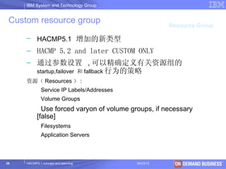 IBM System and Technology Group


 Custom resource group
                                                      Resource Group

     – HACMP5.1 增加的新类型
     – HACMP 5.2 and later CUSTOM ONLY
     – 通过参数设置 , 可以精确定义有关资源组的
       startup,failover 和 fallback 行为的策略
     资源（ Resources ） :
             Service IP Labels/Addresses
             Volume Groups
             Use forced varyon of volume groups, if necessary
           [false]
             Filesystems
             Application Servers



39   HACMP5.1 concept and planning         06/23/12        © 2003 IBM Corporation
 