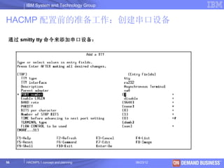 IBM System and Technology Group


HACMP 配置前的准备工作：创建串口设备

 通过 smitty tty 命令来添加串口设备：




56   HACMP5.1 concept and planning     06/23/12   © 2003 IBM Corporation
 
