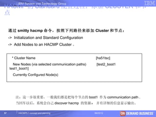 IBM System and Technology Group
HACMP 的 Standard 配置过程：添加 CLUSTER 和节
点

     通过 smitty hacmp 命令，按照下列路径来添加 Cluster 和节点：
     -> Initialization and Standard Configuration
     -> Add Nodes to an HACMP Cluster 。


       * Cluster Name                                  [ha51tsc]
       New Nodes (via selected communication paths)    [test2_boot1
     test1_boot1]
       Currently Configured Node(s)




         注：这一步很重要，一般我们都是把每个节点的 boot1 作为 communication path .
         当回车以后，系统会自己 discover hacmp 的资源，并有详细的信息显示输出。

57         HACMP5.1 concept and planning              06/23/12        © 2003 IBM Corporation
 