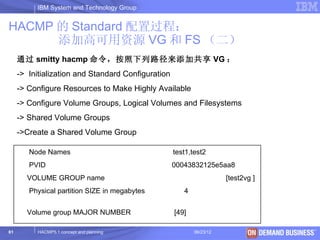 IBM System and Technology Group


HACMP 的 Standard 配置过程：
      添加高可用资源 VG 和 FS （二）
     通过 smitty hacmp 命令，按照下列路径来添加共享 VG ：
     -> Initialization and Standard Configuration
     -> Configure Resources to Make Highly Available
     -> Configure Volume Groups, Logical Volumes and Filesystems
     -> Shared Volume Groups
     ->Create a Shared Volume Group

        Node Names                                  test1,test2
        PVID                                        00043832125e5aa8
       VOLUME GROUP name 　                                            [test2vg ]
        Physical partition SIZE in megabytes 　　        4


       Volume group MAJOR NUMBER                    [49]

61         HACMP5.1 concept and planning                   06/23/12                © 2003 IBM Corporation
 