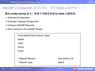 IBM System and Technology Group


HACMP 的 Extended 配置过程：设置 hdisk 心跳网络（三）
     通过 smitty hacmp 命令，按照下列路径来添加 hdisk 心跳网络：
     -> Extended Configuration
     -> Extended Topology Configuration
     -> Configure HACMP Networks
     -> Add a network to the HACMP Cluster


                    # Pre-defined Serial Device Types
                    diskhb
                    rs232
                    tmscsi
                    tmssa


                    * Network Name[m                     [net_diskhb_01]
                    * Network Type                      diskhb

69         HACMP5.1 concept and planning                06/23/12           © 2003 IBM Corporation
 