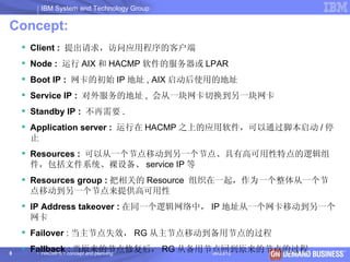 IBM System and Technology Group

Concept:
     Client : 提出请求，访问应用程序的客户端
     Node : 运行 AIX 和 HACMP 软件的服务器或 LPAR
     Boot IP : 网卡的初始 IP 地址 , AIX 启动后使用的地址
     Service IP : 对外服务的地址 , 会从一块网卡切换到另一块网卡
     Standby IP : 不再需要 .
     Application server : 运行在 HACMP 之上的应用软件，可以通过脚本启动 / 停
      止
     Resources : 可以从一个节点移动到另一个节点、具有高可用性特点的逻辑组
      件，包括文件系统、裸设备、 service IP 等
     Resources group : 把相关的 Resource 组织在一起，作为一个整体从一个节
      点移动到另一个节点来提供高可用性
     IP Address takeover : 在同一个逻辑网络中， IP 地址从一个网卡移动到另一个
      网卡
     Failover : 当主节点失效， RG 从主节点移动到备用节点的过程

8
     Fallback concept and planning
        HACMP5.1
                 : 当原来的节点修复后， RG 从备用节点回到原来的节点的过程IBM Corporation
                                     06/23/12 © 2003
 