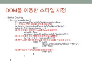 DOM을 이용한 스타일 지정
• Script Coding
  ‒ function stripeTables(){
         if(!document.getElementsByTagName) return false;
         // 1. 문서 내 모든 테이블 요소를 가져온다
         var table = document.getElementsByTagName(“table”);
         for(var i = 0; i < tables.length; i++){
         //2. 각 테이블에 대해 변수 odd를 false로 설정한다.
                     var odd = false;
                     var rows = tables[i].getElementsByTagName(“tr”);
         //3. 각 테이블의 모든 행에 대해 반복문을 실행한다
                     for (var j = 0; j < rows.length; j++){
         //4. 변수 odd가 참이면 스타일을 적용하고 odd를 거짓으로 바꾼다.
                                 if(odd == true){
                                            rows[j].style.backgroundColor = “#FFC”;
                                            odd = false;
                                 }else{
         //5. 변수 odd가 거짓이면 odd를 참으로만 바꾼다
                                            odd = true;
                                 }
                     }
         }
    }
 