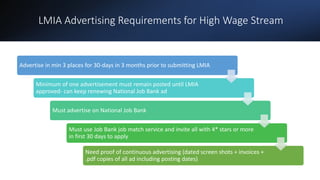 LMIA Advertising Requirements for High Wage Stream
Advertise in min 3 places for 30-days in 3 months prior to submitting L...