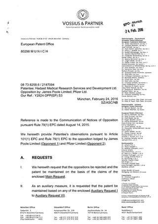 Hadasit EPO Reply to Pfizer et al IP Opposition Feb 2016