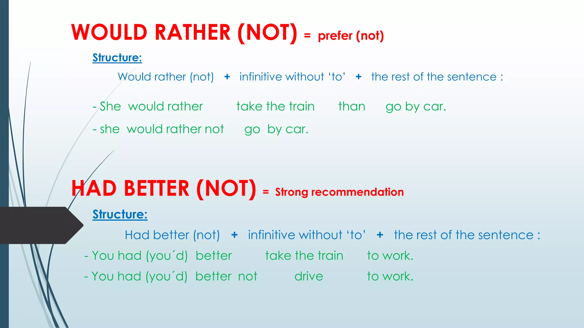 WOULD RATHER (NOT) = prefer (not)
Structure:
Would rather (not) + infinitive without ‘to’ + the rest of the sentence :
- She would rather take the train than go by car.
- she would rather not go by car.
HAD BETTER (NOT) = Strong recommendation
Structure:
Had better (not) + infinitive without ‘to’ + the rest of the sentence :
- You had (you´d) better take the train to work.
- You had (you´d) better not drive to work.
