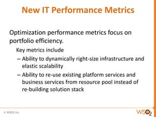 New IT Performance Metrics
Optimization performance metrics focus on
portfolio efficiency.
Key metrics include
– Ability to dynamically right-size infrastructure and
elastic scalability
– Ability to re-use existing platform services and
business services from resource pool instead of
re-building solution stack
 