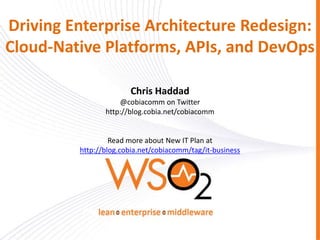Driving Enterprise Architecture Redesign:
Cloud-Native Platforms, APIs, and DevOps
Chris Haddad
@cobiacomm on Twitter
http://blog.cobia.net/cobiacomm
Read more about New IT Plan at
http://blog.cobia.net/cobiacomm/tag/it-business
 