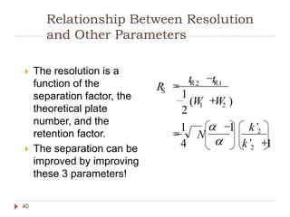 Relationship Between Resolution
and Other Parameters
 The resolution is a
function of the
separation factor, the
theoretical plate
number, and the
retention factor.
 The separation can be
improved by improving
these 3 parameters!
40






1
1
4
1
)(
2
1
2
2
21
1R2R
S
k’
k’
N
WW
tt
R


 