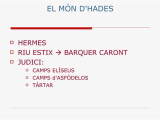 EL MÓN D'HADES



   HERMES
   RIU ESTIX  BARQUER CARONT
   JUDICI:
        CAMPS ELÍSEUS
        CAMPS d'ASFÒDELOS
        TÀRTAR
 