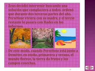  Zeus decidió intervenir buscando una
 solución que complaciera a todos: ordenó
 que durante dos terceras partes del año,
 Perséfone viviera con su madre, y el tercio
 restante lo pasara con Hades en los
 infiernos.




 De este modo, cuando Perséfone está junto a
 Deméter, en otoño, primavera y verano, el
 mundo florece, la tierra da frutos y los
 campos cosechas.
                                         24
 