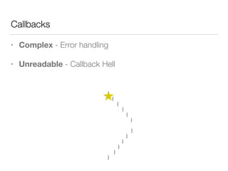 Callbacks
• Complex - Error handling
• Unreadable - Callback Hell
{
{
{
{
{
{
}
}
}
}
}
}
 
