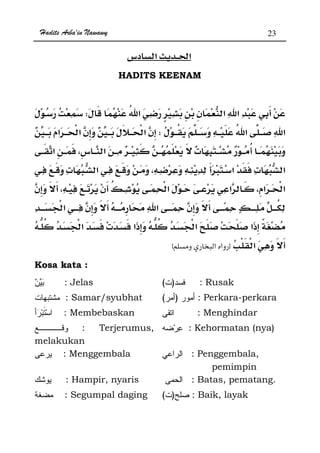 Hadits Arba'in Nawawy 23
ğ
HADITS KEENAM
W
W
ª
ª ª
ª
zx
Kosa kata :
: Jelas )( : Rusak
: Samar/syubhat )( : Perkara-perkara
: Membebaskan : Menghindar
: Terjerumus,
melakukan
: Kehormatan (nya)
: Menggembala : Penggembala,
pemimpin
: Hampir, nyaris : Batas, pematang.
: Segumpal daging )( : Baik, layak
 