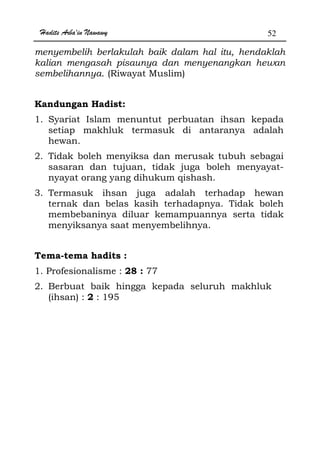 Hadits Arba'in Nawawy 52
menyembelih berlakulah baik dalam hal itu, hendaklah
kalian mengasah pisaunya dan menyenangkan hewan
sembelihannya. (Riwayat Muslim)
Kandungan Hadist:
1. Syariat Islam menuntut perbuatan ihsan kepada
setiap makhluk termasuk di antaranya adalah
hewan.
2. Tidak boleh menyiksa dan merusak tubuh sebagai
sasaran dan tujuan, tidak juga boleh menyayat-
nyayat orang yang dihukum qishash.
3. Termasuk ihsan juga adalah terhadap hewan
ternak dan belas kasih terhadapnya. Tidak boleh
membebaninya diluar kemampuannya serta tidak
menyiksanya saat menyembelihnya.
Tema-tema hadits :
1. Profesionalisme : 28 : 77
2. Berbuat baik hingga kepada seluruh makhluk
(ihsan) : 2 : 195
 
