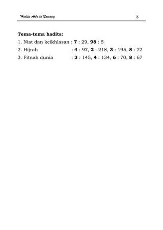 Hadits Arba'in Nawawy 8
Tema-tema hadits:
1. Niat dan keikhlasan : 7 : 29, 98 : 5
2. Hijrah : 4 : 97, 2 : 218, 3 : 195, 8 : 72
3. Fitnah dunia : 3 : 145, 4 : 134, 6 : 70, 8 : 67
 
