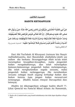 Hadits Arba'in Nawawy 90
ğ
HADITS KETIGAPULUH
W­
.z
Ù K x
Dari Abi Tsa’labah Al Khusyani Jurtsum bin Nasyir
radhiallahuanhu, dari Rasulullah shallallahu`alaihi wa
sallam dia berkata: Sesungguhnya Allah ta’ala telah
menetapkan kewajiban-kewajiban, maka janganlah
kalian mengabaikannya, dan telah menetapkan
batasan-batasannya janganlah kalian melampauinya,
Dia telah mengharamkan segala sesuatu, maka
janganlah kalian melanggarnya, Dia mendiamkan
sesuatu sebagai kasih sayang terhadap kalian dan
bukan karena lupa jangan kalian mencari-cari
tentangnya. (Hadits hasan riwayat Daruquthni dan
lainnya).
(Hadits ini dikatagorikan sebagai hadits dha’if 22).
Lihat Qowa’id wa Fawa’id Minal Arbain An Nawawiah,
1. Hadits dho’if adalah hadits yang lemah kedudukannya dan tidak dapat dijadikan sebagai
dalil.
 
