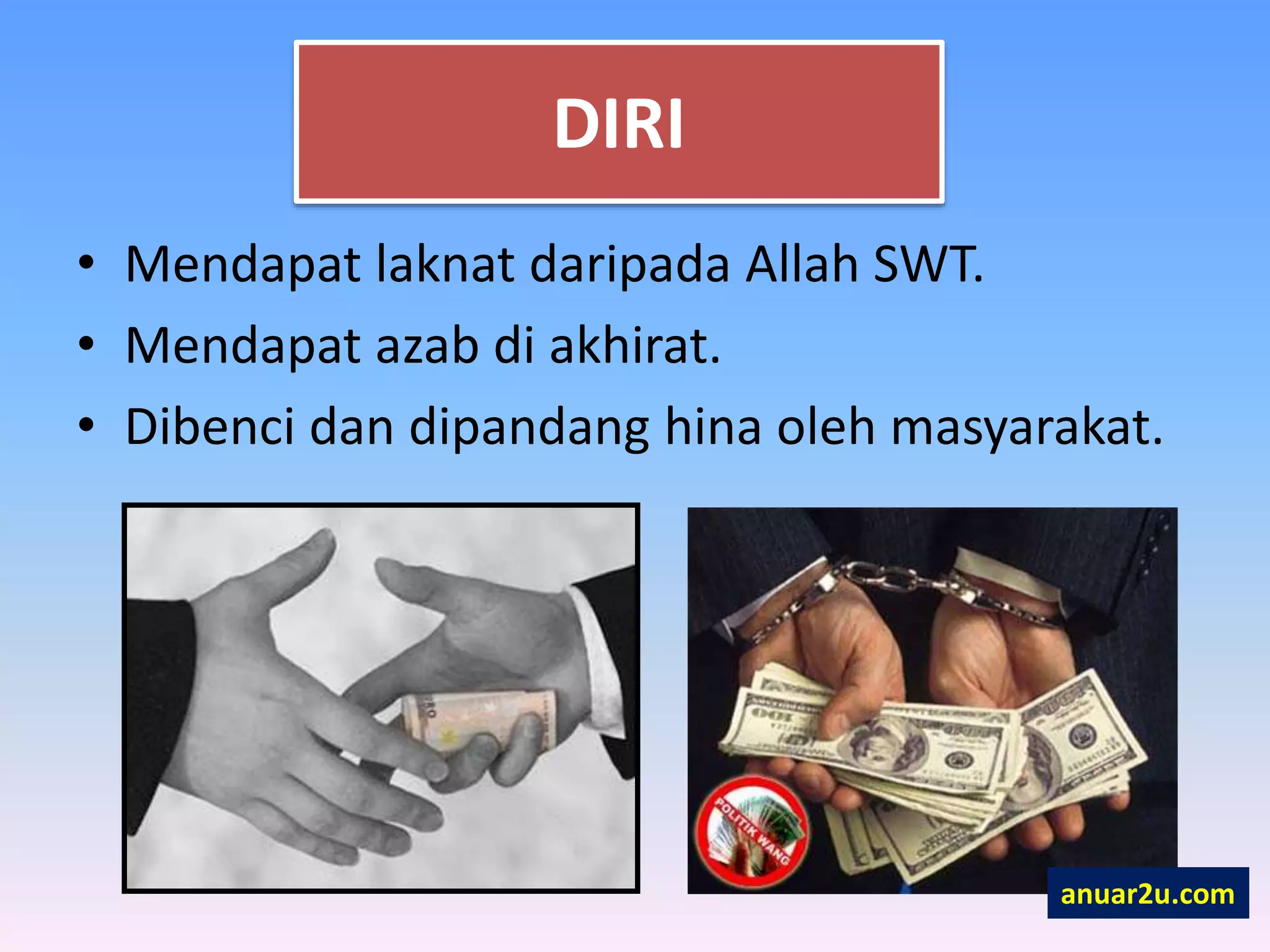 DIRI
• Mendapat laknat daripada Allah SWT.
• Mendapat azab di akhirat.
• Dibenci dan dipandang hina oleh masyarakat.
anuar2u.com
 