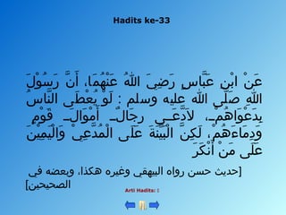 Hadits ke-33
Arti Hadits: 
 ‫لا‬َ ‫ا‬ ‫و‬ْ‫َل‬ ‫س‬ُ‫ْو‬ ‫ر‬َ ‫ا‬  ‫نا‬َّ  ‫أ‬َ ‫ا‬  ‫م،ا،ا‬َ ‫ا‬ ‫ه‬ُ‫ْو‬ ‫ن‬ْ‫َل‬ ‫ع‬َ ‫ا‬  ‫هللاا‬ُ‫ْو‬  ‫يا‬َ ‫ا‬ ‫ض‬ِ‫َي‬ ‫ر‬َ ‫ا‬  ‫سا‬ٍ  ‫ب،ا‬َّ  ‫ع‬َ ‫ا‬  ‫نا‬ِ‫َي‬ ‫ب‬ْ‫َل‬ ‫نا ا‬ْ‫َل‬ ‫ع‬َ ‫ا‬
 ‫سا‬ُ‫ْو‬ ‫ن،ا‬َّ  ‫ط ىا ال‬َ ‫ا‬ ‫ع‬ْ‫َل‬ ‫ي‬ُ‫ْو‬  ‫وا‬ْ‫َل‬ ‫ل‬َ ‫ا‬  ‫ل ىا هللاا عليها وسلما :ا‬َّ  ‫ص‬َ ‫ا‬  ‫هللاا‬ِ‫َي‬
 ‫ما‬ٍ  ‫و‬ْ‫َل‬ ‫ق‬َ ‫ا‬  ‫لللا‬َ ‫ا‬ ‫وا‬َ ‫ا‬ ‫م‬ْ‫َل‬ ‫أ‬َ ‫ا‬  ‫لللا‬ٌ  ‫ج،ا‬َ ‫ا‬ ‫ر‬ِ‫َي‬  ‫علل ىا‬َ ‫ا‬ ‫د‬َّ  ‫ال‬َ ‫ا‬  ‫ملل،ا‬ْ‫َل‬ ‫ه‬ُ‫ْو‬ ‫وا‬َ ‫ا‬ ‫ع‬ْ‫َل‬ ‫د‬َ ‫ا‬ ‫ب‬ِ‫َي‬
 ‫نا‬َ ‫ا‬ ‫ي‬ْ‫َل‬ ‫م‬ِ‫َي‬ ‫ي‬َ ‫ا‬ ‫ل‬ْ‫َل‬ ‫وا‬َ ‫ا‬  ‫يا‬ْ‫َل‬ ‫ع‬ِ‫َي‬ ‫د‬َّ  ‫م‬ُ‫ْو‬ ‫ل‬ْ‫َل‬ ‫ل ىا ا‬َ ‫ا‬ ‫ع‬َ ‫ا‬  ‫ةا‬َ ‫ا‬ ‫ن‬َ ‫ا‬ ‫ي‬ِّ‫ن‬ ‫ب‬َ ‫ا‬ ‫ل‬ْ‫َل‬ ‫نا ا‬َّ  ‫ك‬ِ‫َي‬ ‫ل‬َ ‫ا‬  ‫م،ا‬ْ‫َل‬ ‫ه‬ُ‫ْو‬ ‫ء‬َ ‫ا‬ ‫م،ا‬َ ‫ا‬ ‫د‬ِ‫َي‬ ‫و‬َ ‫ا‬
‫ر‬َ ‫ا‬ ‫ك‬َ ‫ا‬ ‫ن‬ْ‫َل‬ ‫أ‬َ ‫ا‬  ‫نا‬ْ‫َل‬ ‫م‬َ ‫ا‬  ‫ل ىا‬َ ‫ا‬ ‫ع‬َ ‫ا‬
 ‫]حديثا حسنا رواها البيهقيا وغيرها هكذا،ا وبعضها فيا ا‬
[‫الصحيحين‬
 