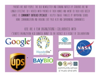 Working in Public Education is the closest I’ll ever get to being a celebrity.
As community outreach specialist, I helped engage families by improving
school-home communication and bridging east palo alto and surrounding
communities.
Here are a few organizations I collaborated with:
(*denotes organization also donated money to the district as a result of collaboration)
*	
  
*	
  
*	
  
*	
  
 