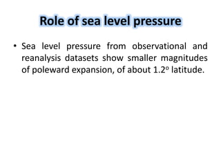 Role of sea level pressure
• Sea level pressure from observational and
reanalysis datasets show smaller magnitudes
of poleward expansion, of about 1.2o latitude.
 